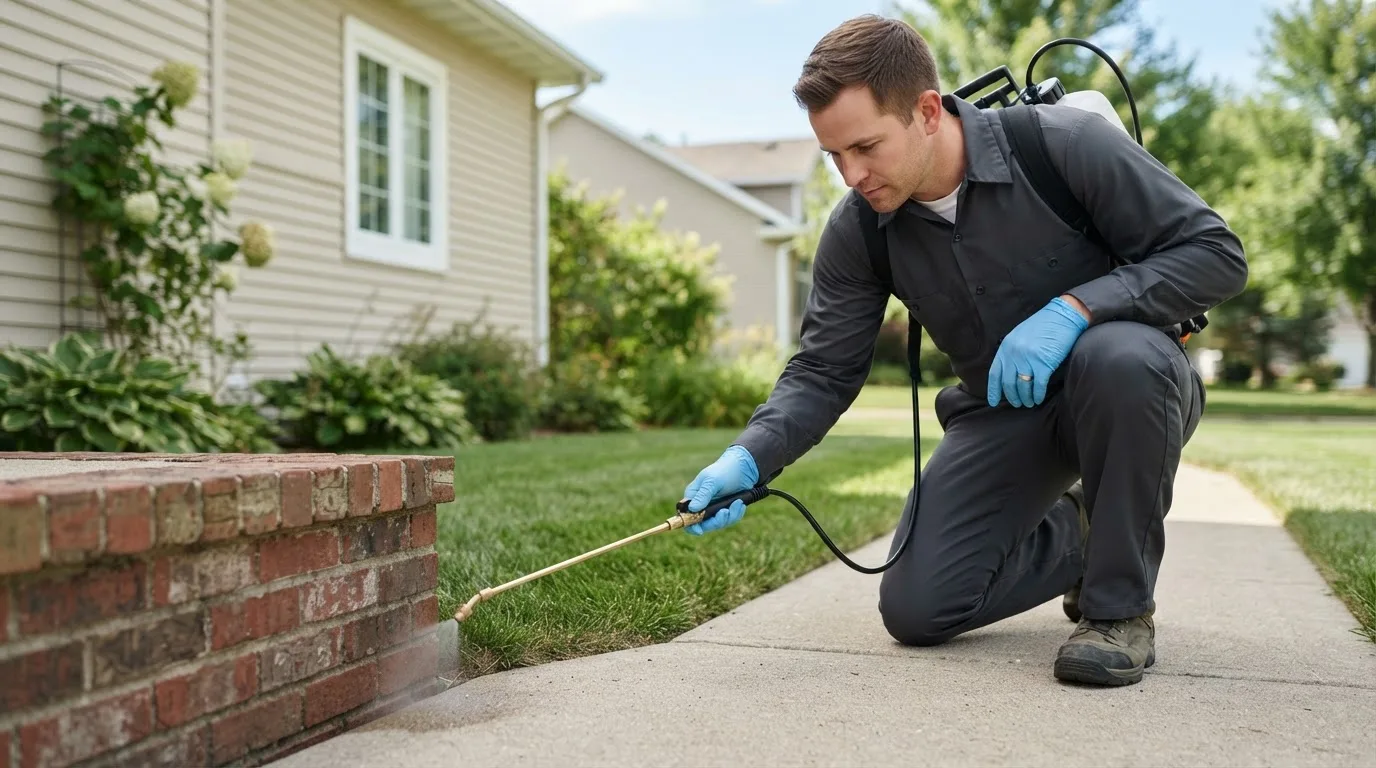 Pest control technician treating a home near Jetmore, KS